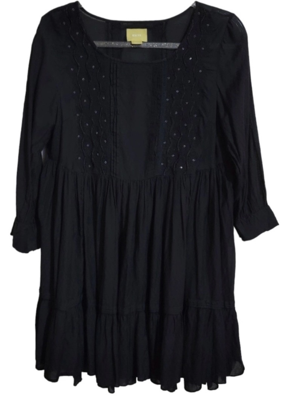 Anthropologie Black Embroidered Tiered 3/4 Sleeve Dress